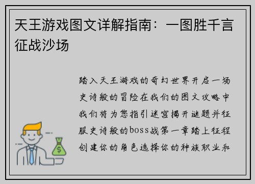 天王游戏图文详解指南：一图胜千言征战沙场